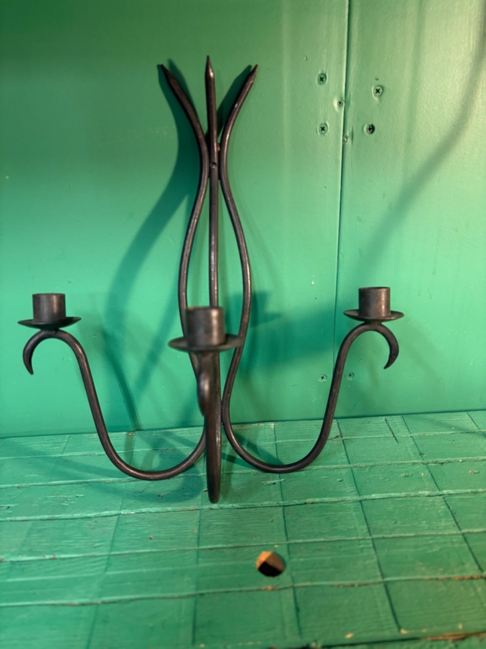 Three-Arm Black Metal Wall Candle Holder Hand Forged